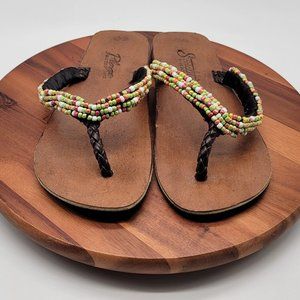 Socialites Womens Shoes Size 11 Brown Leather Hand Beaded Colorful Thong Sandals